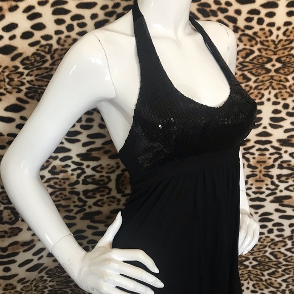 Plunging Neckline Black Sequin H & M Dress w/ Satin Le Chateau Bolero Jacket - Picture 9 of 15